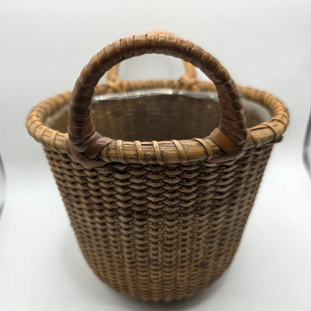 Vintage Nantucket Style Basket Planter  Wooden Base and Plastic Liner